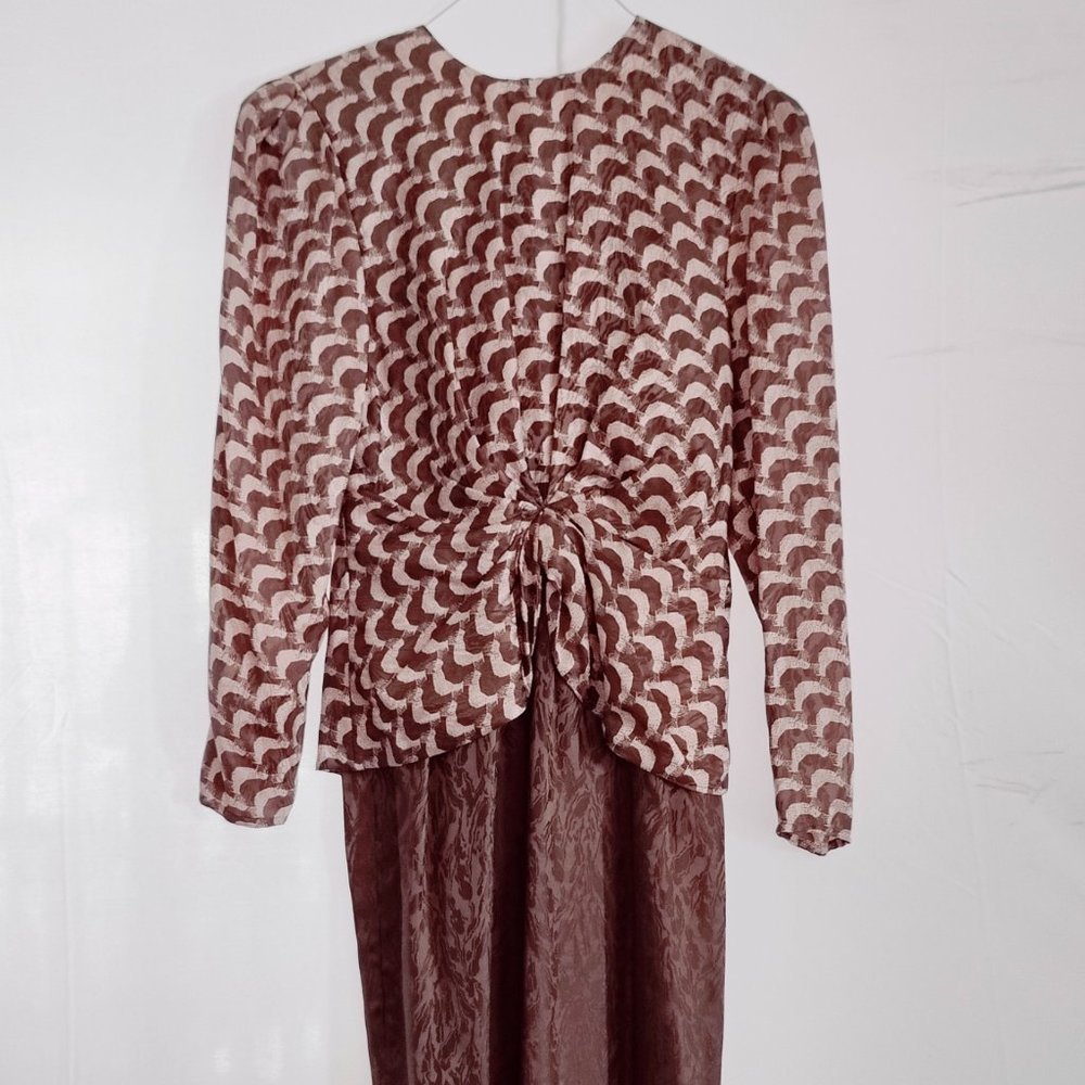 VTG 80s 90s 100% Silk Twist Front Midi Dress Scallop Brocade Brown Size 4 - Picture 2 of 15